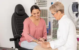 woman smiling at a female doctor during a consultation in an optometrist office