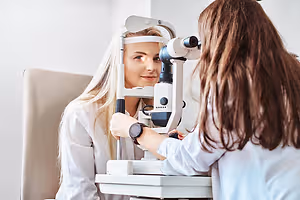 A woman is examining another woman's eyes using a slit lamp in a clinic.