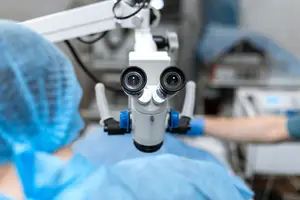 An ophthalmic surgeon is performing a procedure using a microscope in a hospital setting.