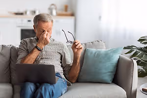 A senior man is sitting on a couch and rubbing his eyes as he suffers from Dry Eye Syndrome