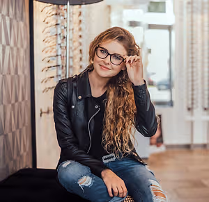 A woman wearing glasses and a leather jacket is smiling while sitting on a bench in a store.