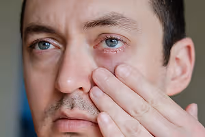 Man scratching his eye, holding it with his left hand