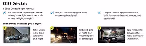 A screenshot of the ZEISS DriveSafe glasses webpage, showing three benefits: better vision in low light conditions, reduced glare at night from oncoming cars or street lights, and easy refocusing between the road, dashboard, and mirrors.