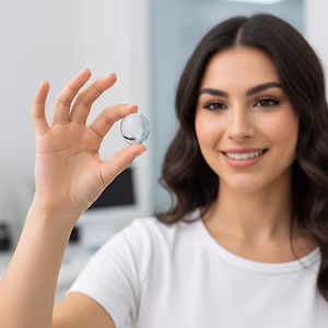 woman holding a glass contact lens in her hand in a medical office