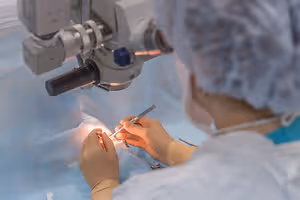 An ophthalmologist performing a delicate eye surgery with a microscope in a sterile surgical setting