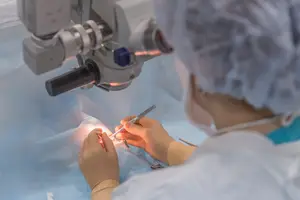 An ophthalmologist performing a delicate eye surgery with a microscope in a sterile surgical setting