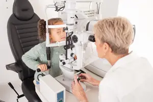 A girl sits in a chair while a woman adjusts a machine in front of her to check her eyes.