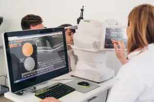 A young child getting an eye test at an optometrists.