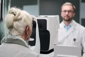 Woman in gray sweater getting her eyes checked by a doctor in a white coat