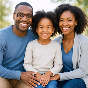 A man, woman, and child are smiling and posing for a photo together.