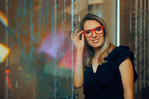 Woman wearing red glasses standing in front of a glass wall with a reflection of an indoor area