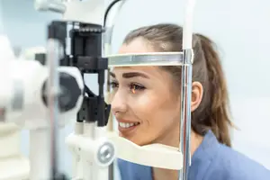 A woman in a blue shirt is smiling while using an eye examination machine in a clinic.