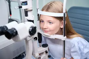 Girl looking into a machine used to examine eyes.