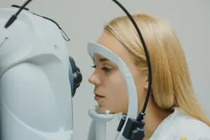 A woman with blonde hair undergoing an eye examination with an ophthalmic device