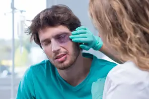 An injured man with a bruised eye is being attended to by a medical professional in a hospital setting.