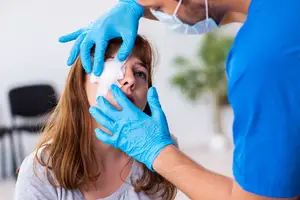 Eye exam in progress with clinician examining a patient’s eye using gloved hands