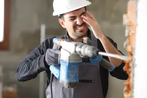 A man wearing a helmet is holding a drill in his hand and seems to be working at a construction site