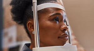 woman with curly hair in a headrest looking into a slit lamp while wearing a blue marker on her eye