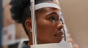 woman with curly hair in a headrest looking into a slit lamp while wearing a blue marker on her eye