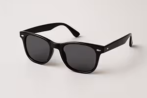 Black rectangular sunglasses with dark lenses and thin black frames