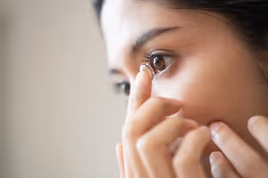 Woman inserting a contact lens into her left eye