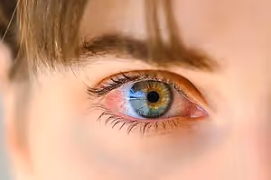 Close-up of a person's eye with red veins and a reflection of a building.