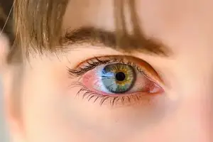 Close-up of a person's eye with red veins and a reflection of a building.