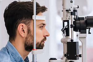 A man wearing a denim shirt is looking through an ophthalmoscope while inside a clinic.