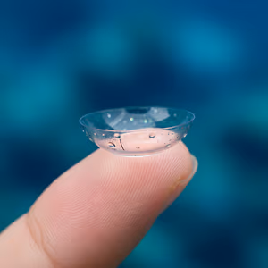 A person holding a clear contact lens on their fingertip.