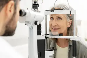 An elderly woman is having her eyes examined by a doctor using an ophthalmoscope