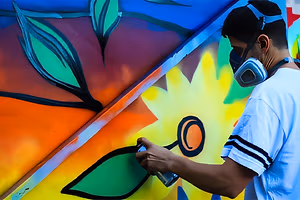 A man is using a spray paint can to paint a mural on a wall