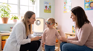 A woman doctor is talking to a young child and her mother in a pediatric optometrist's office.