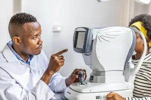 A man wearing a white coat is explaining the usage of a machine to a woman who is sitting in front of him while looking into the machine.