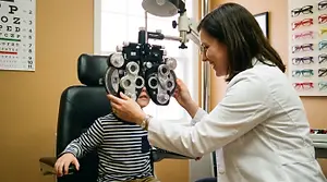 A doctor examining a child's eyes with an ophthalmoscope