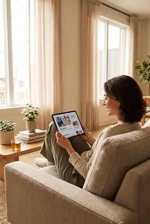 Woman sitting on a couch while holding a tablet, smiling and reading.