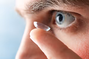 Close up of a man placing a contact lens in his eye