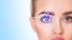 An eye chart is displayed in front of a woman's eye, with a circular pattern around it.