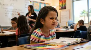 A young girl is sitting at a desk in a classroom, she has a sad look on her face, and there are other children and a teacher in the background.
