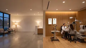 A room with an eye exam table, a doctor and patient, and a desk with a lamp.