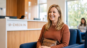 A woman is sitting in a chair in front of a reception desk in a hospital and is smiling while looking to her left. Behind her, another woman is sitting on a chair, and in the distance, there is a person who is looking down. The reception desk has a sign that reads CHECK-IN, and there is a glass window with a view of trees outside.