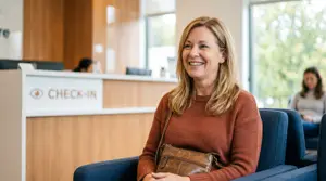 A woman is sitting in a chair in front of a reception desk in a hospital and is smiling while looking to her left. Behind her, another woman is sitting on a chair, and in the distance, there is a person who is looking down. The reception desk has a sign that reads CHECK-IN, and there is a glass window with a view of trees outside.