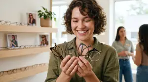 A smiling woman holding eyeglasses in a store with other people and a shelf of glasses in the background.