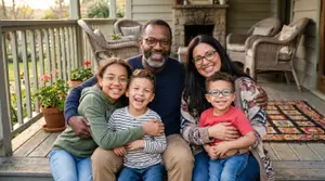 A family of four smiling and posing for a picture on a porch, with two adults and two children, one wearing glasses, surrounded by furniture and a fireplace.