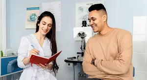 A young woman in a white coat is talking to a man in a beige sweater in an optometrist's office.