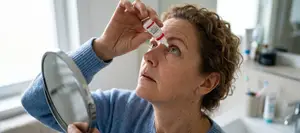 woman in a bathroom applying eye drops and looking into a mirror