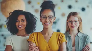 Three women smiling and posing for a picture in a room with patterned wallpaper.