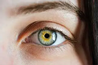A close up of a human eye with green iris and yellow pupil.