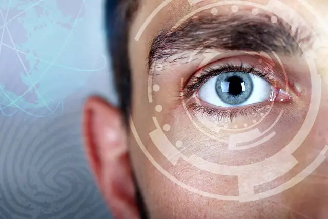 Illustration of a human eye with a digital target overlaying it