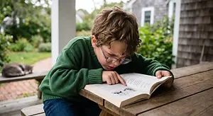 A young boy wearing glasses is sitting on a wooden bench and reading a book with both hands on the table