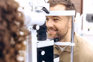 A man is getting his eyes examined in a clinic